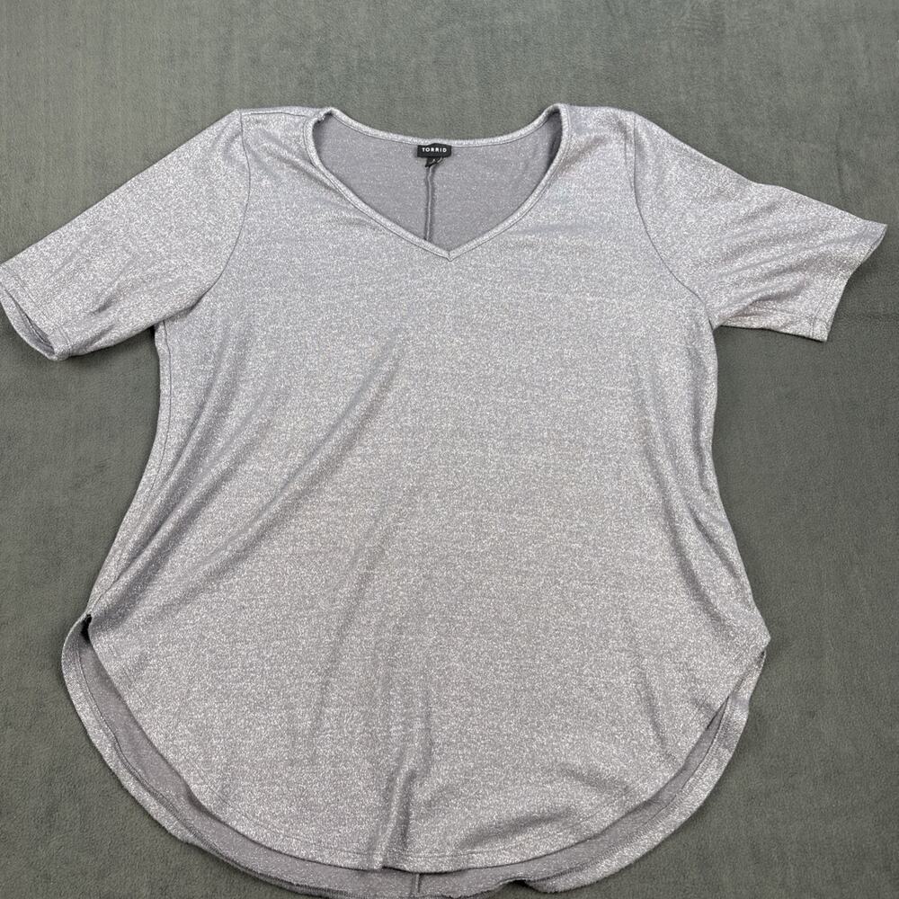 Torrid Grey Sparkle Hacci Tunic Tee V-Neck Size 3 Womens Medium Silver Metallic